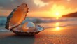 © Pete - Pearl lies inside oyster shell at sandy beach near sea. Sunrise or sunset light shines on ocean coast. Tropical landscape, luxury vacation and rest. Gem treasure at summer shore.