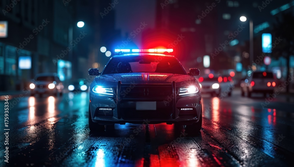 Police car with flashing red and blue lights on wet city street at ...