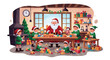 © RZ Digital ID - Flat 2D vector illustration of Santa Claus and elves in a cozy workshop having a christmas celebration with toys and decorations.