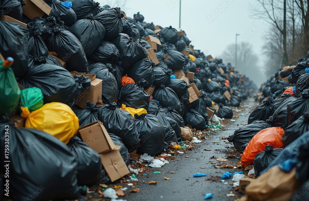 Show Garbage Large piles of black garbage bags line dirty street or road. Many ...