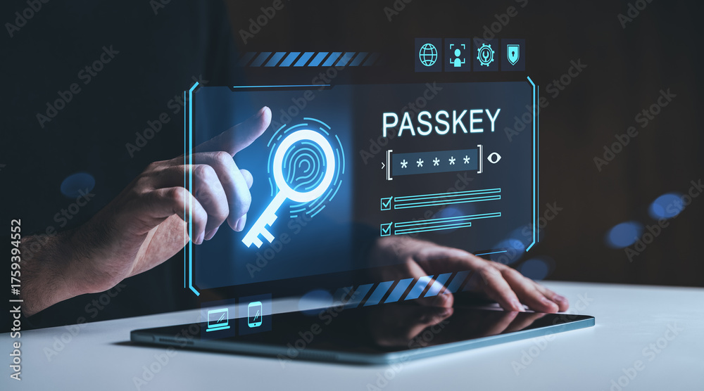 Finger touching digital fingerprint scan interface with passkey login ...