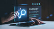 © ImageFlow - Finger touching digital fingerprint scan interface with passkey login on futuristic screen above tablet on dark background, symbolizing cybersecurity concept.