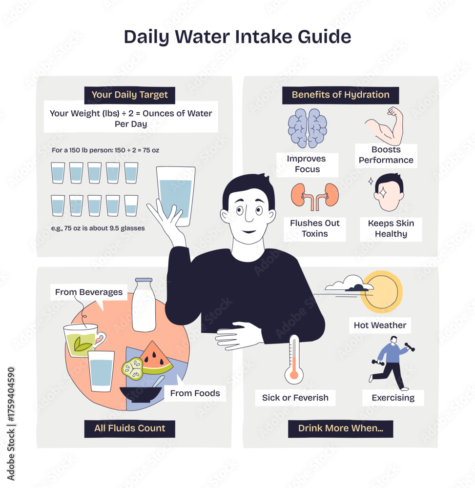 Daily water intake guide in a brief diagram shows targets, benefits ...
