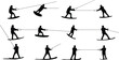 © Md - Silhouette collection of wakeboarders performing tricks and stunts, water sports activity showing balance, skill, and extreme summer recreation concept illustration
