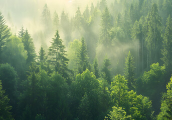  Sunlit green forest with enchanting mist and vibrant foliage, a tranquil path