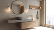 © InteriVio - japandi soft contemporary bathroom full view, floating stone sink, wood cabinet, clay finish wall, wall niche with warm light, large round mirror