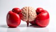 © VividMint - Human brain model pressed between two red boxing gloves against white background, symbolizing mental stress, pressure, and psychological conflict through surreal and metaphorical composition.