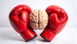 © VividMint - Human brain model pressed between two red boxing gloves against white background, symbolizing mental stress, pressure, and psychological conflict through surreal and metaphorical composition.
