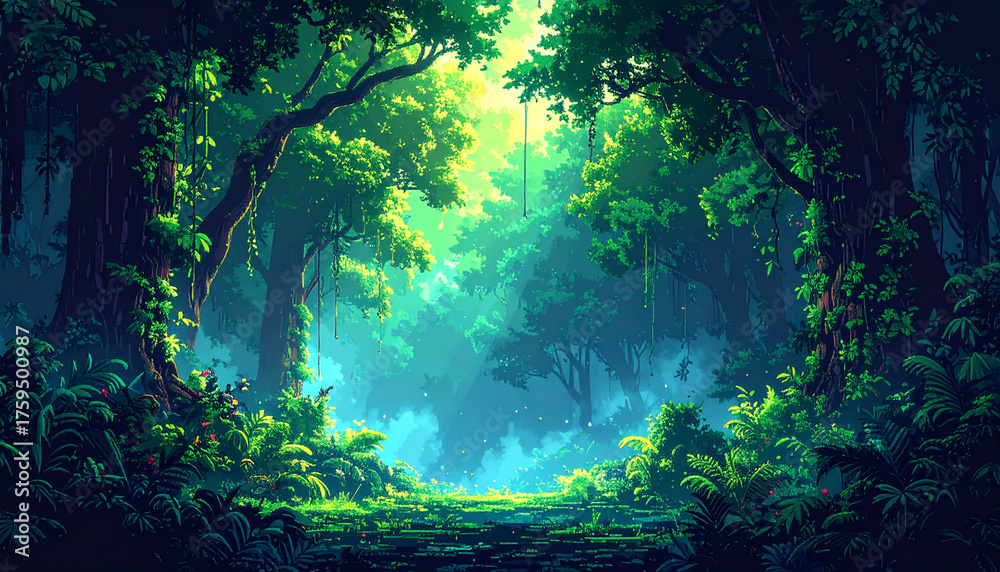 Stock-Illustration „Dense glowing jungle fully formed from pixel blocks ...