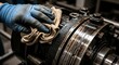 © Suginen - Detailed view of a technician's hand wiping an oily industrial machine with a rag for maintenance cleaning