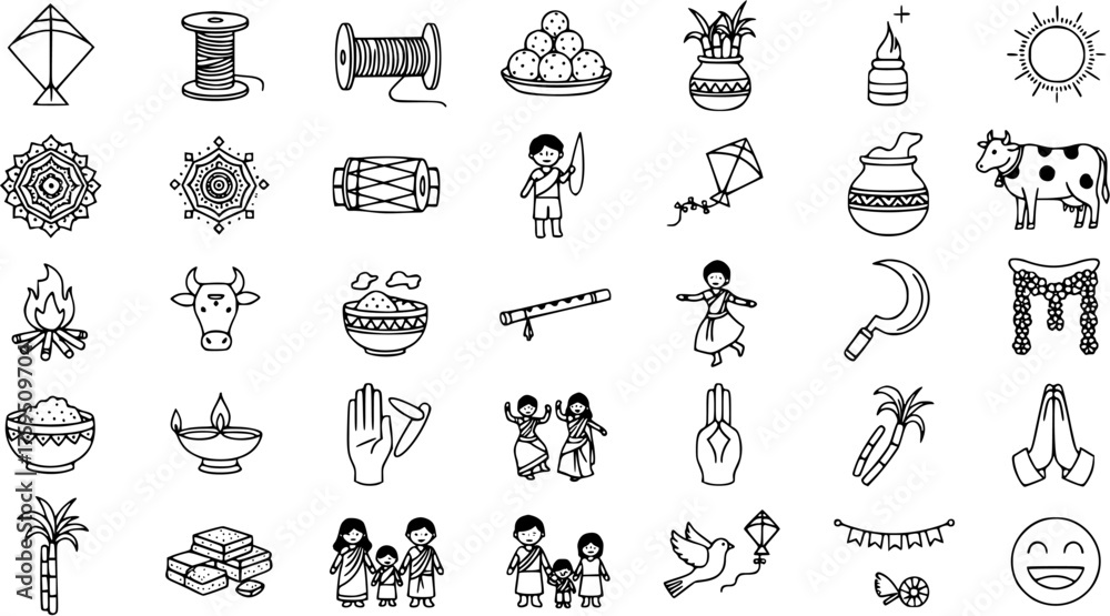 Pongal Makar Sankranti Festival Line Art Icons Set. Traditional Indian Harvest Cultural Celebration Symbols. Stock Vector | Adobe Stock