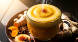 Healthy turmeric latte with saffron and spices on a plate, close up shot, morning sunlight