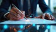 © miss irine - Businessman hand signs important document with pen. Digital tech lines, glowing dots connect around form. Shows modern contract, future agreement, business innovation, secure data management, smart