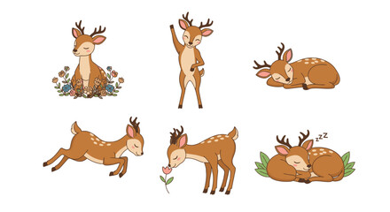  A collection of cartoon deer in various poses, including sitting, standing, sleeping, and interacting with flowers.