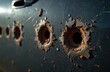 © miss irine - Close up view of several bullet holes on dark car door. Metal ripped, paint chipped, rust forms around impact point. Damage shows violence, serious incident, crime, danger, destructive power.