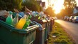 © miss irine - Full rubbish bins stand on road in suburb at sunset. Garbage containers with glass bottles, paper waste show refuse problem. Urban landscape view of waste management and littering.