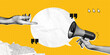 © accogliente - Trendy Halftone Collage Hand showing empty space speech bubble. Megaphone with message and quote symbols. Social media communication and adverting. Online news. Contemporary vector illustration art