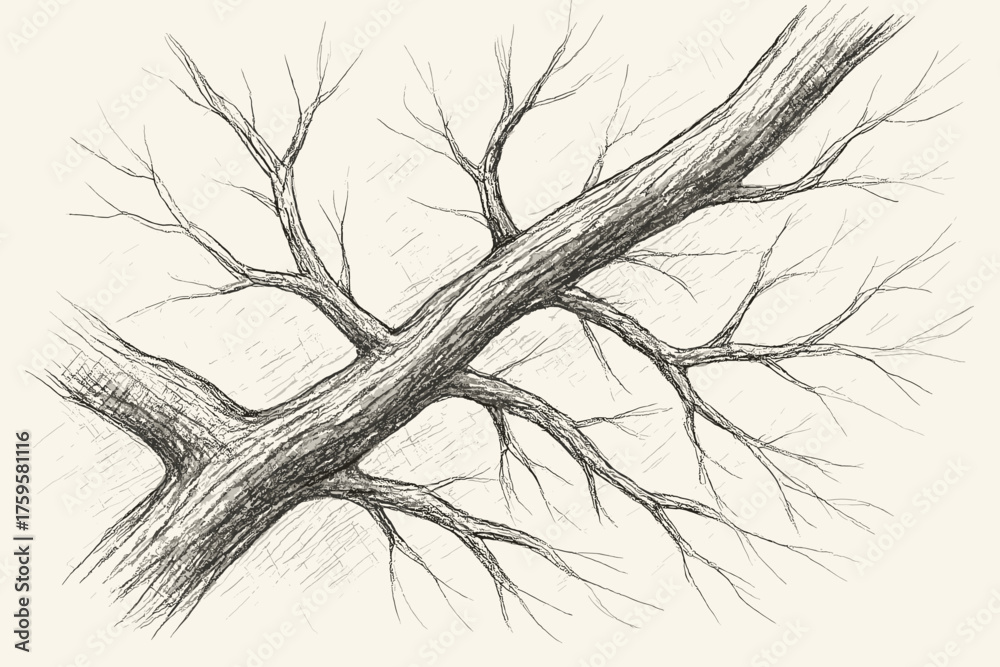 Vector illustration tree limb lighter sketchy lines crossing angled ...