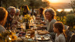 © Pachara - Joyful family gathering outdoors at sunset, featuring long table filled with food, wine, and flowers. People of various ages are enjoying meal together, creating warm and festive atmosphere