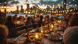 © Pachara - Lively outdoor dinner party with people gathered around long wooden table adorned with lanterns and string lights, set against city skyline at dusk. atmosphere is warm and inviting