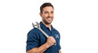 © Felippe Lopes - Smiling mechanic holding wrench with blue shirt on transparent background