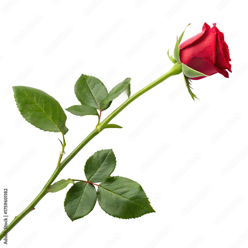 Single red rose with stem and leaves isolated on transparent background ...