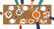 © Hart - Top-down vector illustration of a group of people sharing a communal meal at a long dining table.