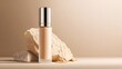 © kirania - Cosmetic foundation bottle with natural elements on a beige background.