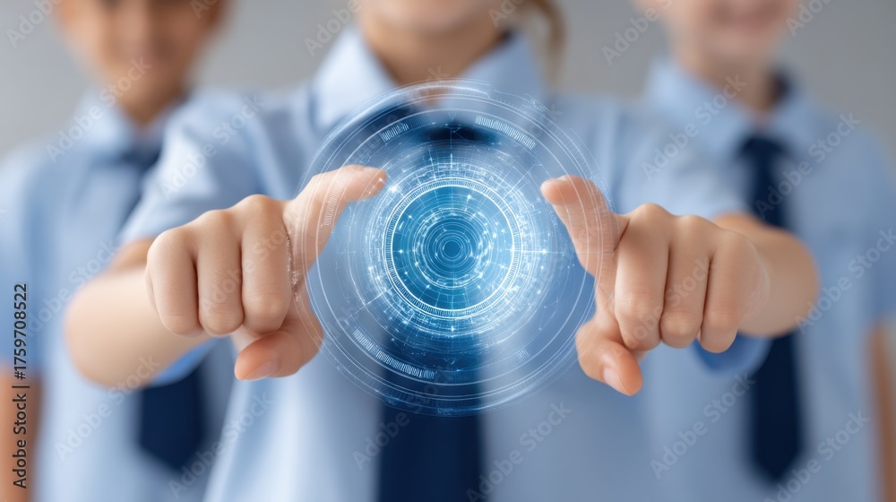Young students interact with digital technology interface, showcasing ...