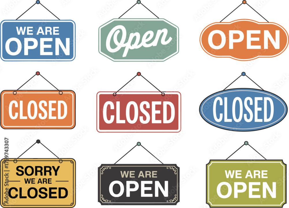 Colorful open and closed shop sign vector illustration set, vintage ...