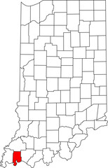  Detailed vector map of Indiana highlighting Vanderburgh County, a key Southwestern Indiana territory centered on Evansville, known for its river port and tri-state area location.