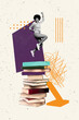 © deagreez - Image vertical photo collage of happy girl jump library encyclopedia book stack bookworm hobby literature school subject homework