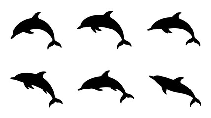  Six playful dolphin silhouettes leaping and swimming in fluid motion against a white background.