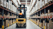 © Jahangir - Forklift truck operating in a large warehouse aisle filled with tall shelves stacked with boxes, illustrating logistics and storage operations