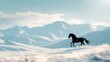© smartstock - Black horse running in snowy field with mountains, for nature or wildlife themes