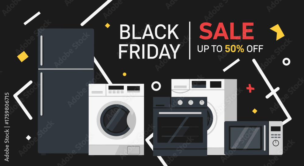 Black Friday appliance sale banner illustration fridge washer oven microwave