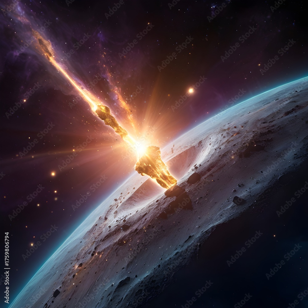 Asteroid Impact on Planet Surface with Fiery Explosion in Space This AI ...