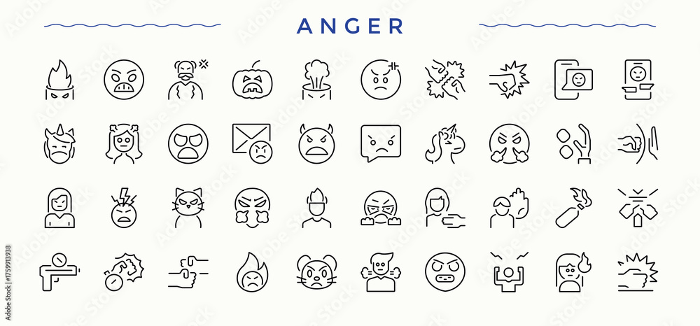 Anger linear icon set. Includes thin line symbols attack, reaction ...