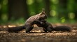 © Yayon - Two squirrels engaged in playful interaction outdoors against blurred background