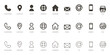 © Pedro - Business card and contact information icon set graphic elements. Flat filled and thin line editable stroke icons for phone, email, address, location, website, fax, and personal data symbols.
