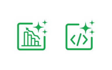 Two glowing neon green icons representing financial data analysis and coding programming on transparent background