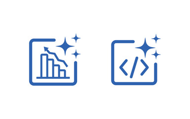 Two glowing blue outline icons representing data analysis and coding on transparent background