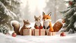 © uumm - 動物たちが森でクリスマスプレゼント交換、可愛いクリスマスのイメージ写真、コピースペース、