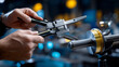 © Laura - Anonymous engineer's hands holding precision calipers measuring suspension component dimensions, with copy space