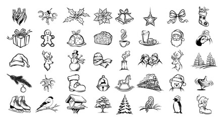 Naklejka na meble Christmas and winter doodle icons — black hand-drawn vector set of holiday elements