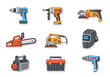 © Satya - Nine tools are in the image drills a saw a toolbox a welding helmet a sander and a hotglue gun