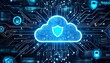© Hunaif - Abstract concept of cloud computing security and data protection with a glowing shield icon on a digital circuit background.