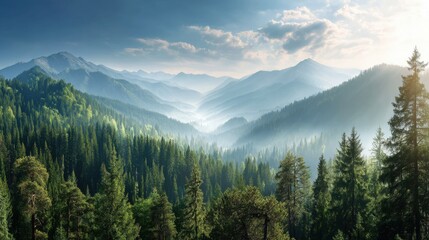  Serene Mountain Landscape with Lush Green Forest and Misty Valleys under a Bright Blue Sky and Soft Sunlight in a Peaceful Natural Setting