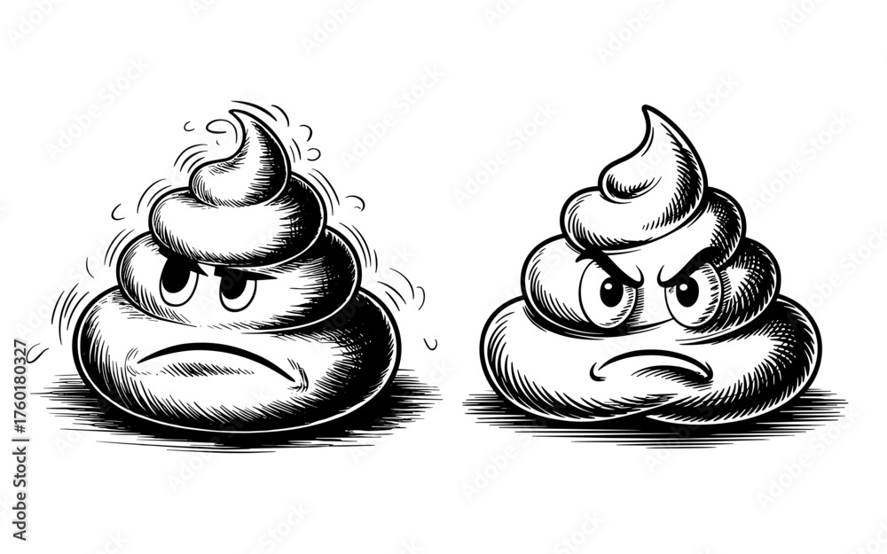 Poop Fall Comic Funny hand drawn sketch of two angry poop emoji characters in black and ...