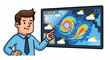 © Navz - A cartoon meteorologist presenting a detailed weather map showing a hurricane, temperatures, and cloud forecasts on a large screen.
